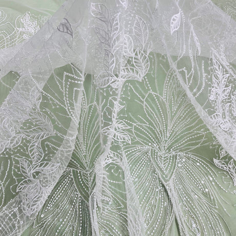 1 Yard Elegant Beaded Lace Fabric Embroidered on 100% Polyester Net Mesh White