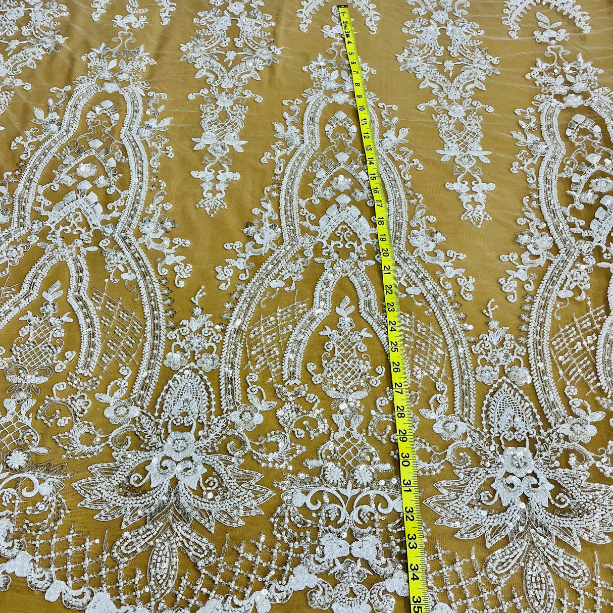 Beaded Lace Fabric Embroidered On 100 Percent Polyester Net Mesh Fabric - White, Ivory, Antique Silver, 52" Width (1 Yard)
