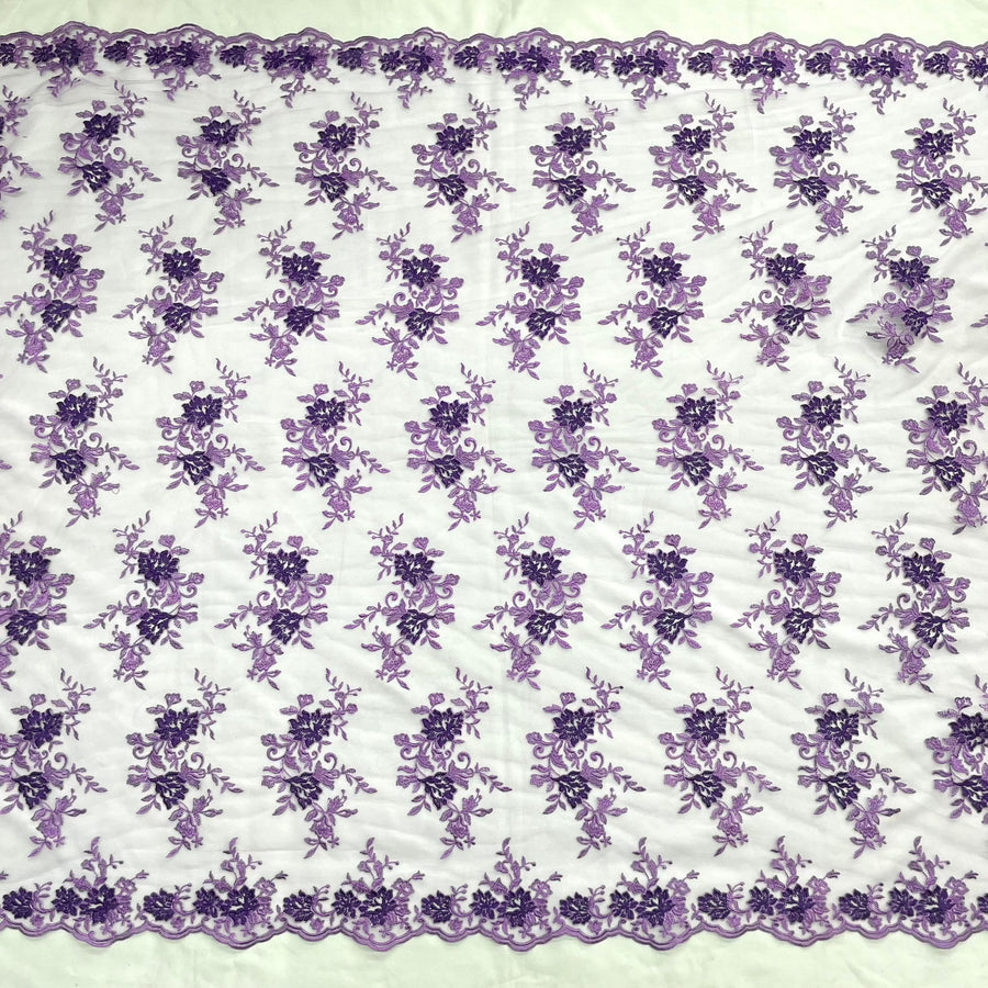1 Yard - Corded Bridal Lace Fabric Embroidered on 100% Polyester Net Mesh Ivory with Silver - 53"