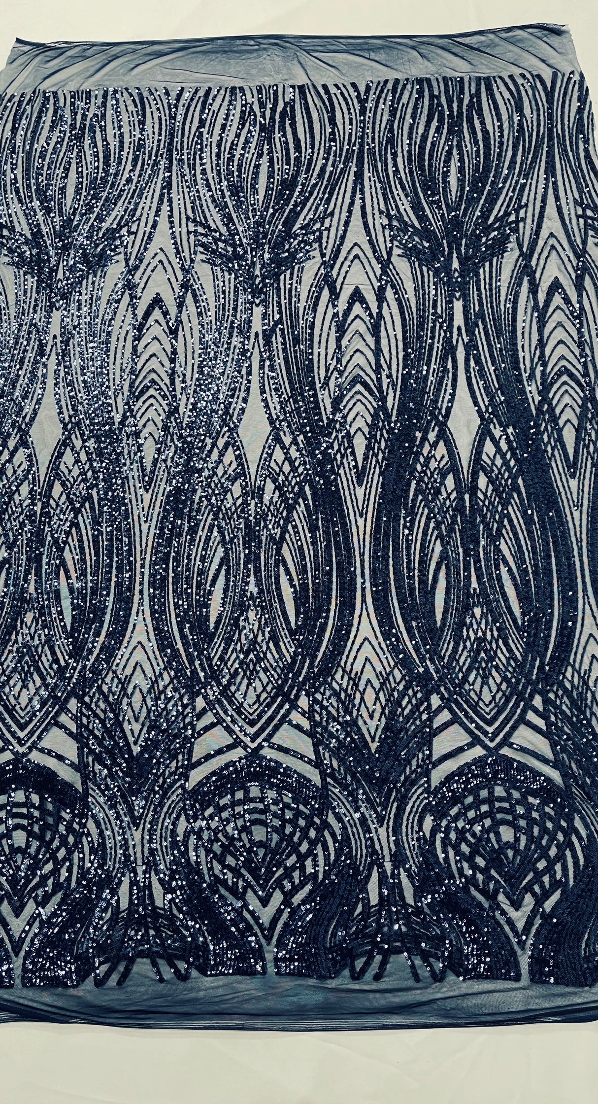 Feather Damask Shiny Sequin Design 4 Way Stretch Mesh Fabric - Iridescent Sequin Embroidered Mesh, 48-50" Width, 36" Length (1 Yard)
