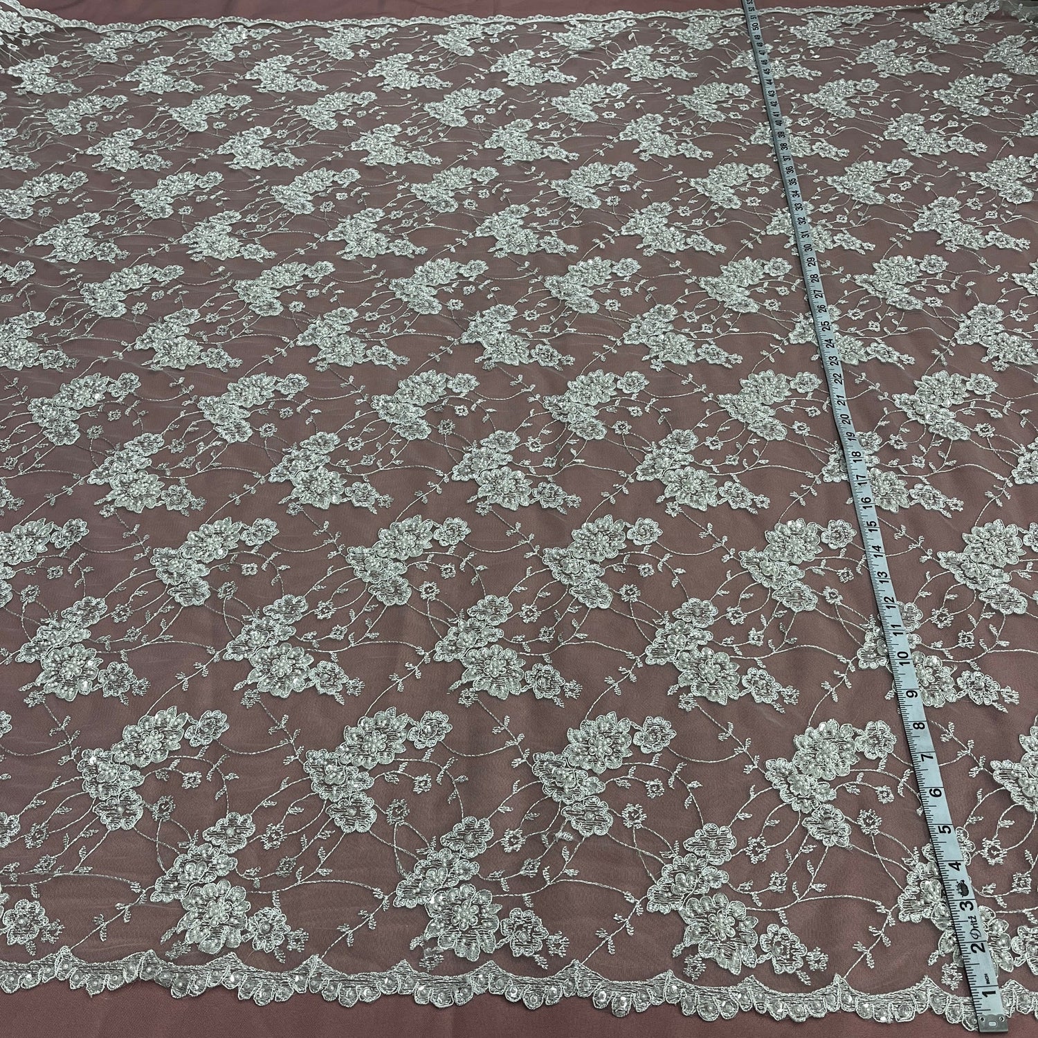 1 Yard Regal Beaded and Corded Lace Fabric Embroidered on Polyester Net Mesh