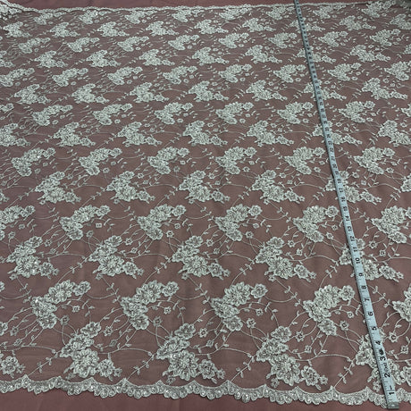 1 Yard Regal Beaded and Corded Lace Fabric Embroidered on Polyester Net Mesh