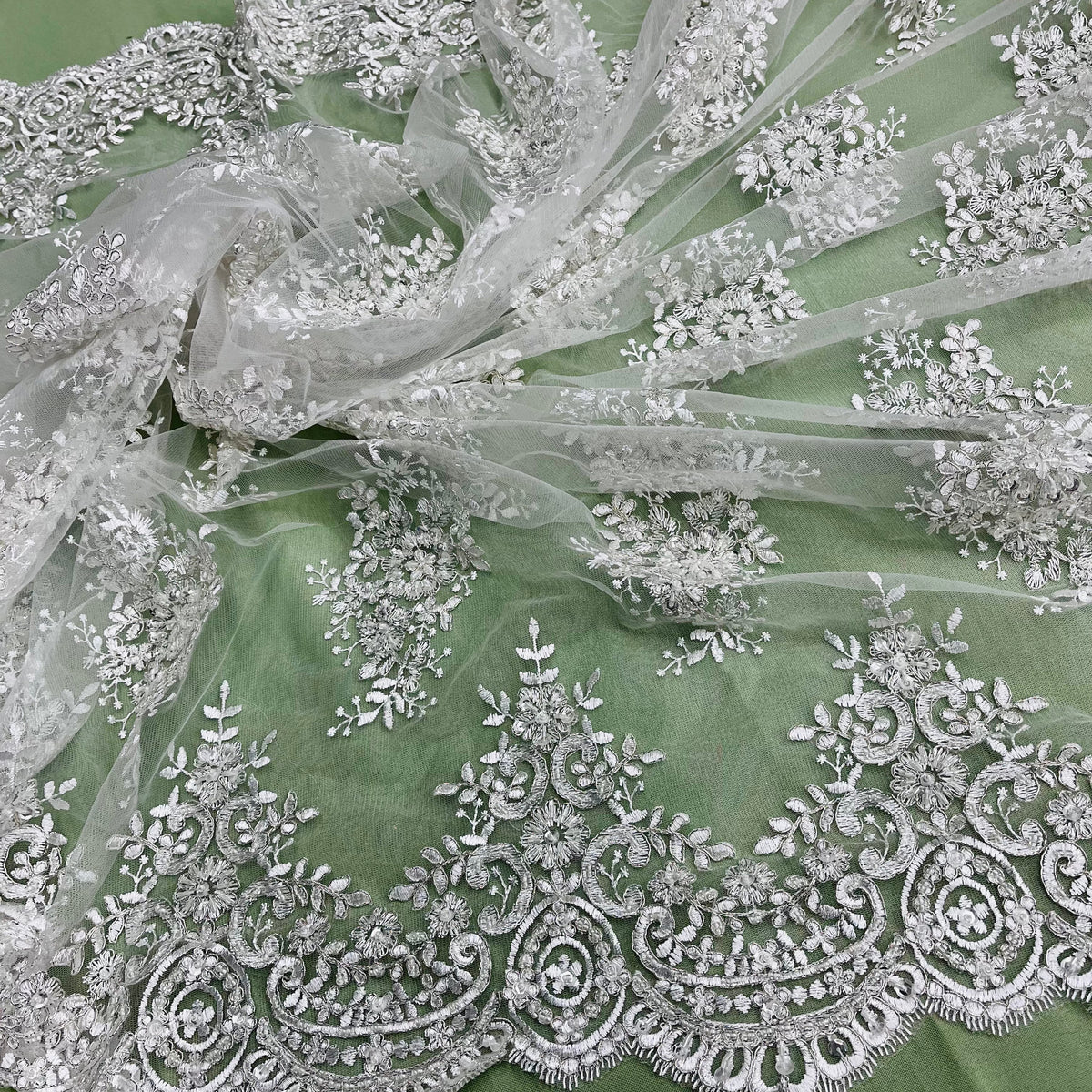 1 Yard Beaded & Corded Embroidered Lace Fabric on 100% Polyester Net Mesh, Elegant Wedding & Evening Material