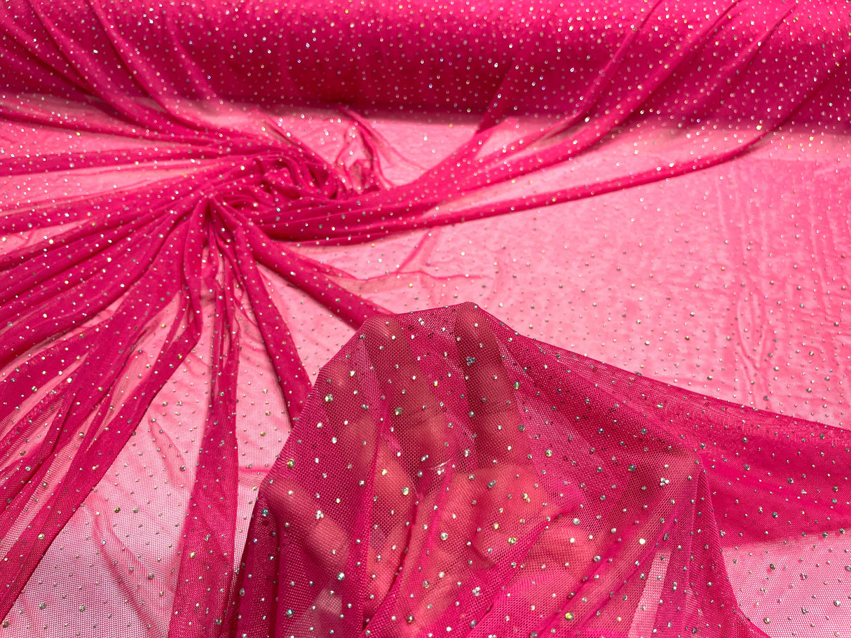 Sheer All Over AB Rhinestones Stretch Power Mesh Fabric - Colorful Rhinestone Embellishment, 58IN WIDTH (1 Yard)