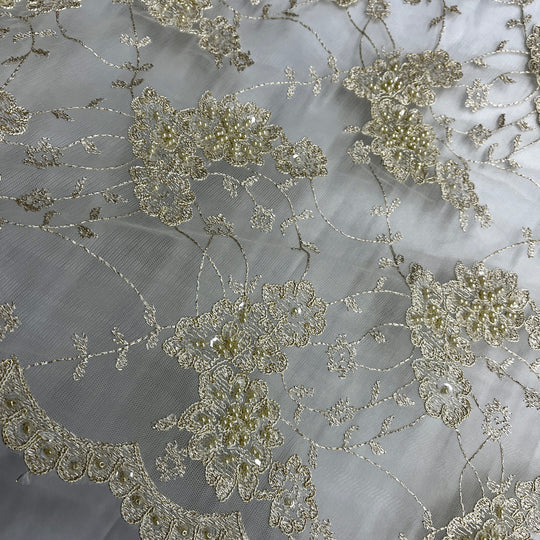 1 Yard Regal Beaded and Corded Lace Fabric Embroidered on Polyester Net Mesh