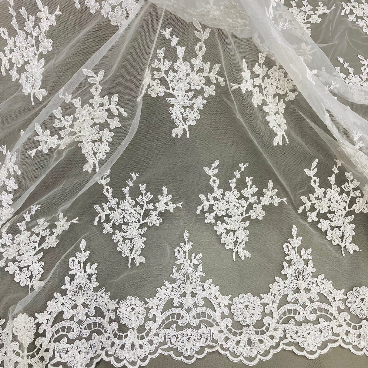 Beaded Corded Bridal Lace Ivory Mesh