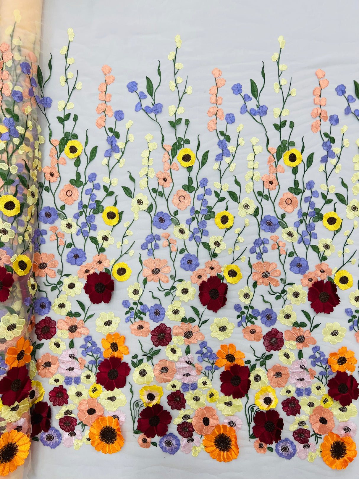Multi Color Sun Flower 3D Design Embroidered Mesh Lace Fabric - Multi Color Sun Flower, Double Scallop, 48/50" Width (1 Yard)