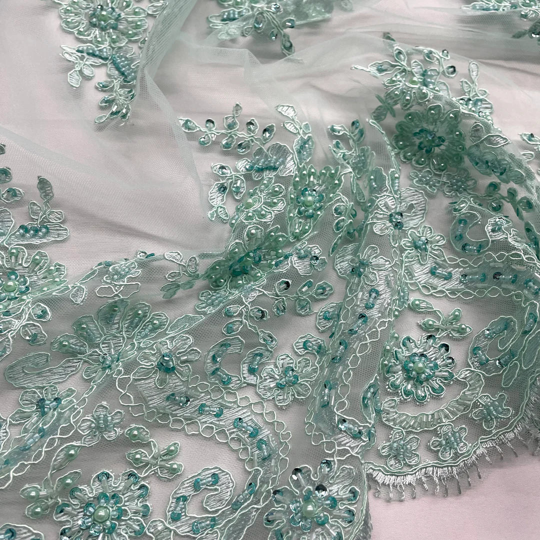 1 Yard Elegant Beaded and Corded Bridal Lace Fabric Embroidered on Polyester Net Mesh Sage 54" Width
