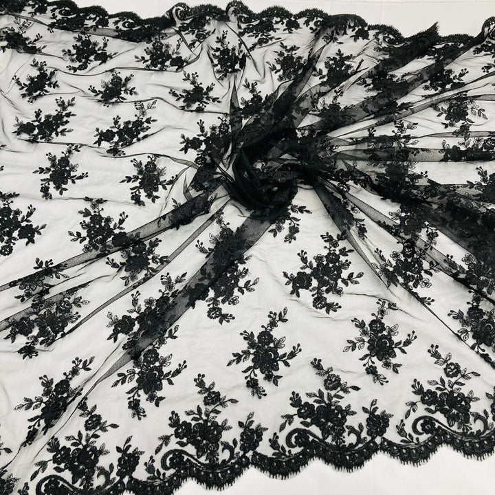 1 Yard Corded Bridal Lace Fabric Embroidered on 100 Percent Polyester Net Mesh White 56 inch Width