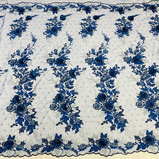 1 Yard Stunning Beaded 3D Floral Lace Fabric Embroidered on Polyester Net Mesh