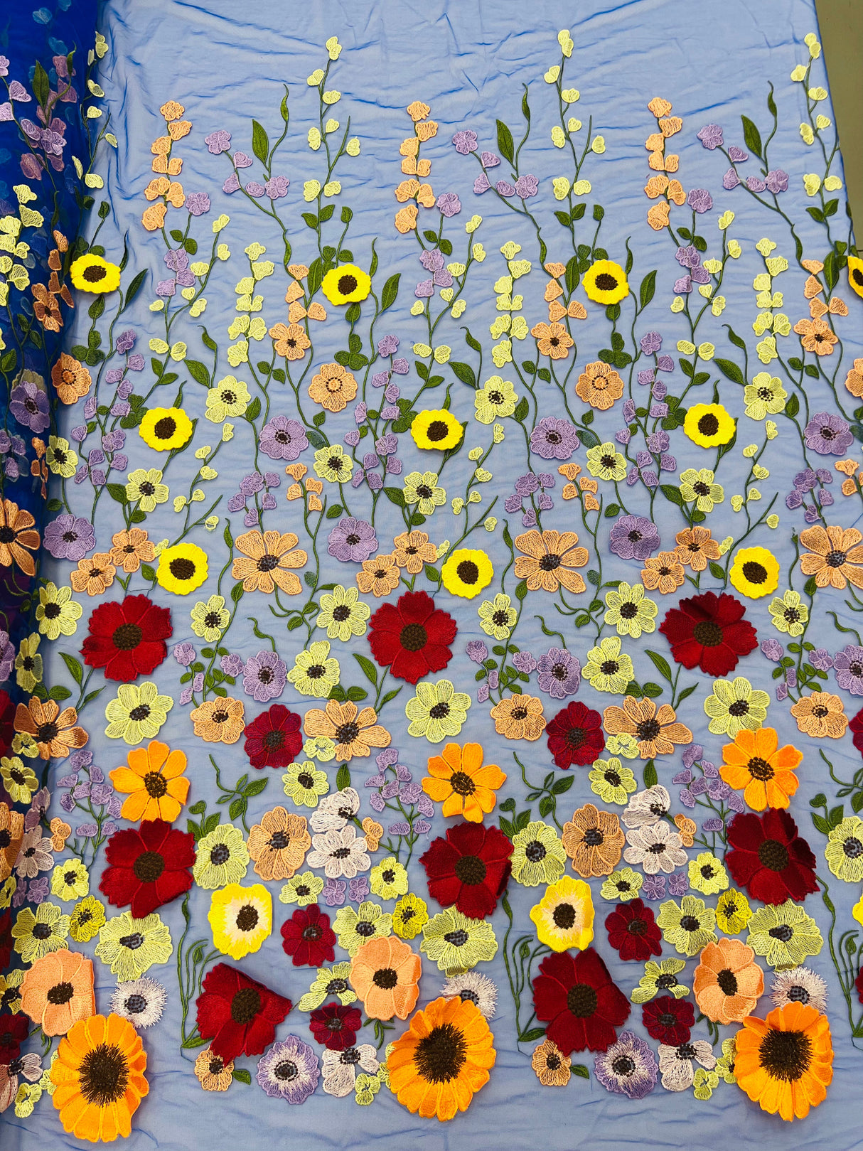 Multi Color Sun Flower 3D Design Embroidered Mesh Lace Fabric - Multi Color Sun Flower, Double Scallop, 48/50" Width (1 Yard)