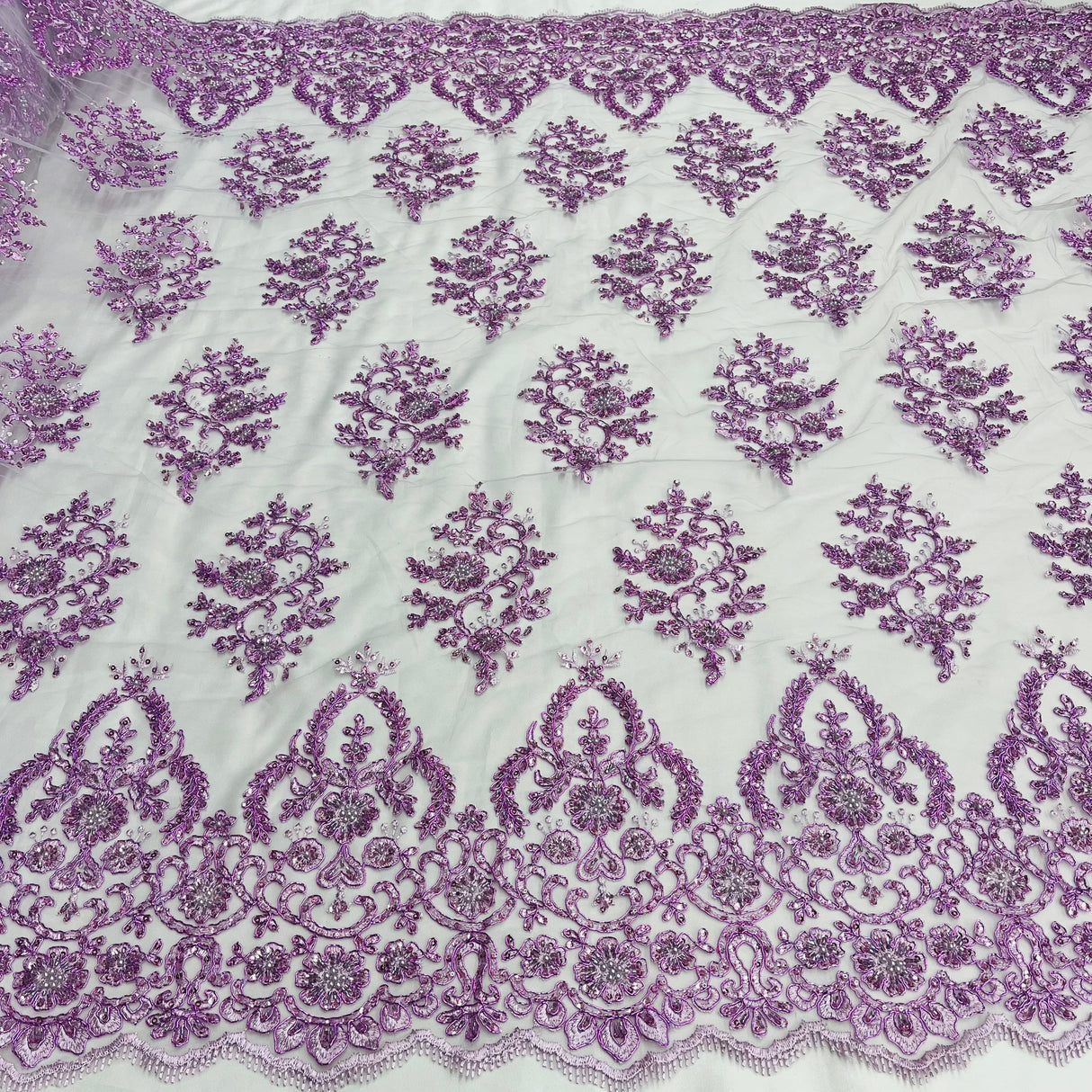 Beaded Corded Bridal Lace Polyester Fabric - Embroidered Net Mesh, Royal Blue, 53" Width (1 Yard)