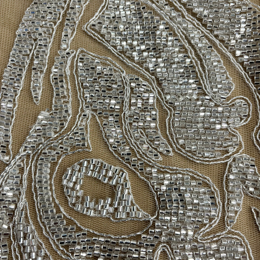 1 Yard Beaded and Corded Bridal Lace Fabric Embroidered on Polyester Net Mesh