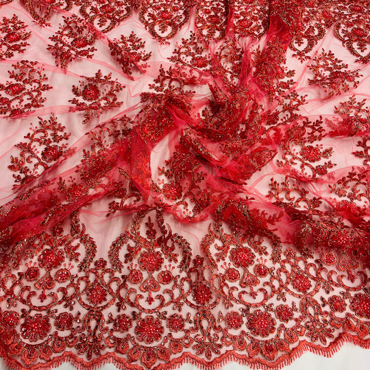 1 Yard Luxurious Beaded and Corded Bridal Lace Fabric Embroidered on Polyester Net Mesh