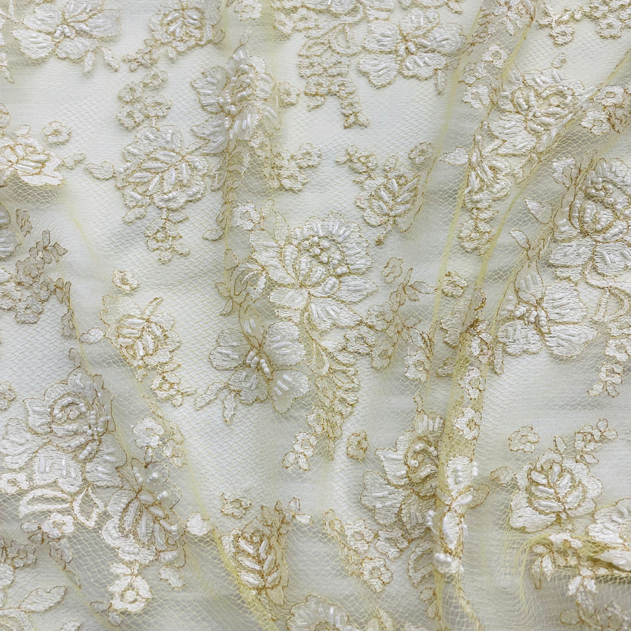 1 Yard Ivory with Gold Beaded Lace Fabric Embroidered on Polyester Net Mesh 54 Inch Width