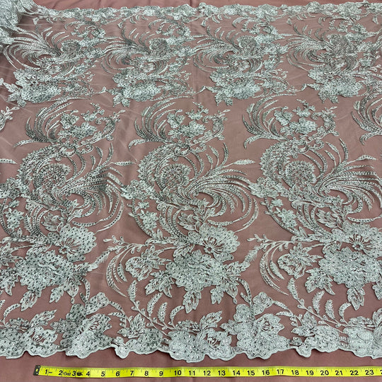 1 Yard Corded & Sequined Bridal Lace Fabric Embroidered on 100% Polyester Net Mesh – Silver – 54"