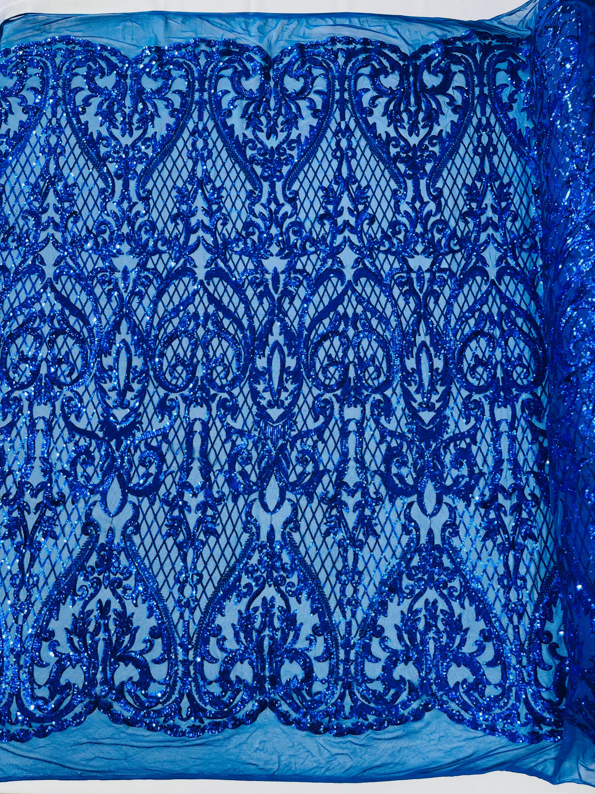Heart Sequin Damask Polyester Fabric - Heart Damask, Iridescent Sequins, 54" Width (1 Yard)
