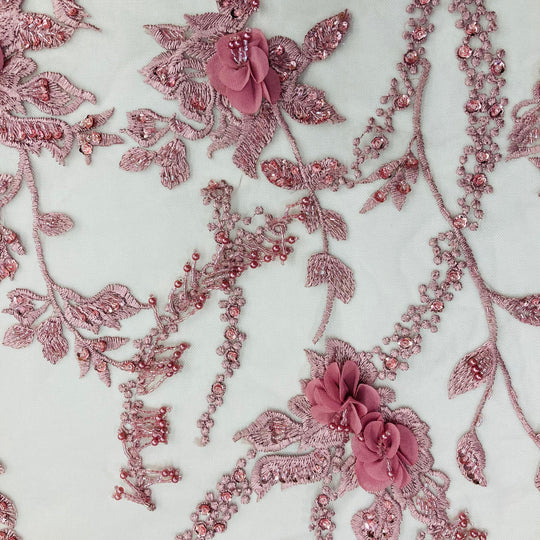 1 Yard Exquisite Beaded 3D Floral Lace Fabric Embroidered on Polyester Net Mesh