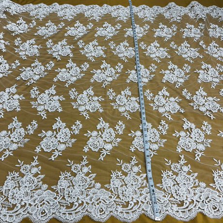 1 Yard Elegant Corded Embroidered Bridal Lace Fabric for Couture Dresses White