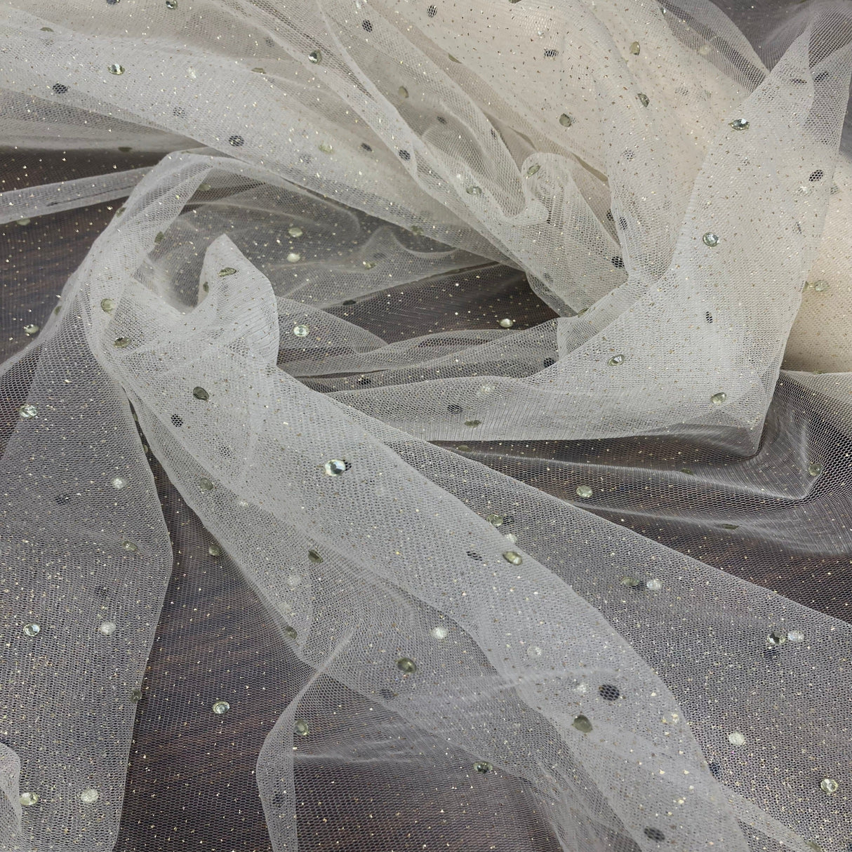 Glitter Mesh Fabric with Scattered Rhinestones