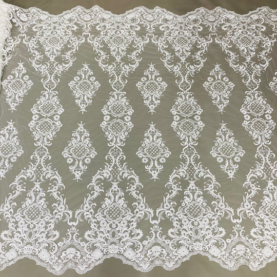 1 Yard Luxurious Beaded Lace Fabric Embroidered on 100% Polyester Net Mesh