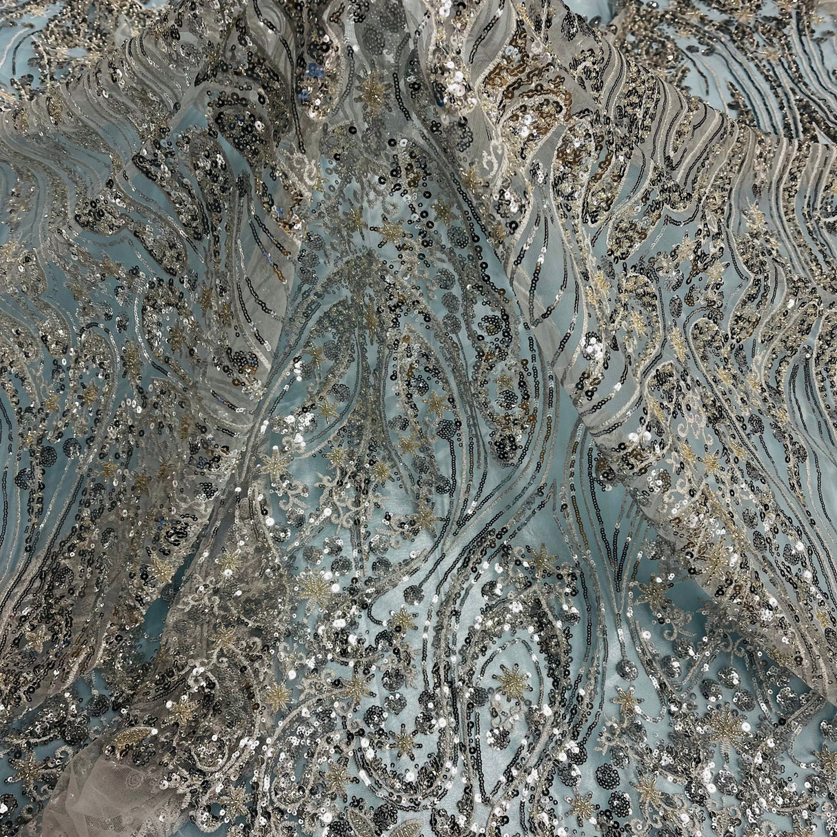 1 Yard Silver Beaded Lace Fabric Embroidered on Polyester Net Mesh Pearls Sequins 54 Inch Width