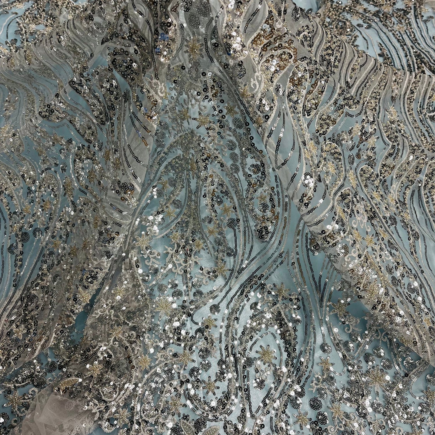 1 Yard Silver Beaded Lace Fabric Embroidered on Polyester Net Mesh Pearls Sequins 54 Inch Width