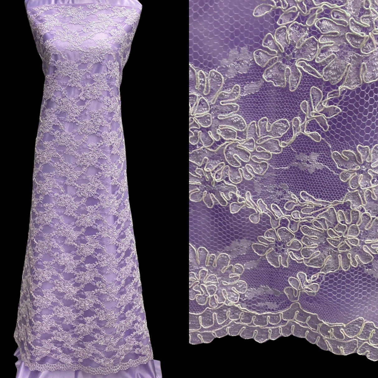 Corded Bridal Lace Fabric 54" Floral Embroidered Net Mesh