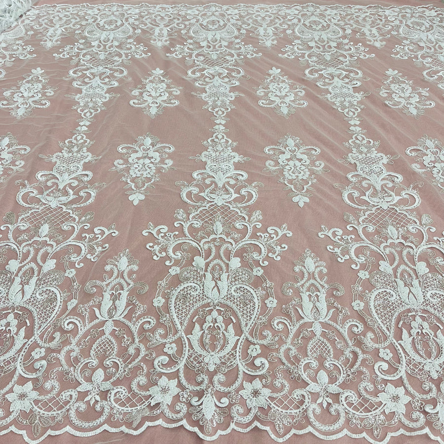 1 Yard Beaded and Sequined Lace Fabric Embroidered on Polyester Net Mesh White and Ivory