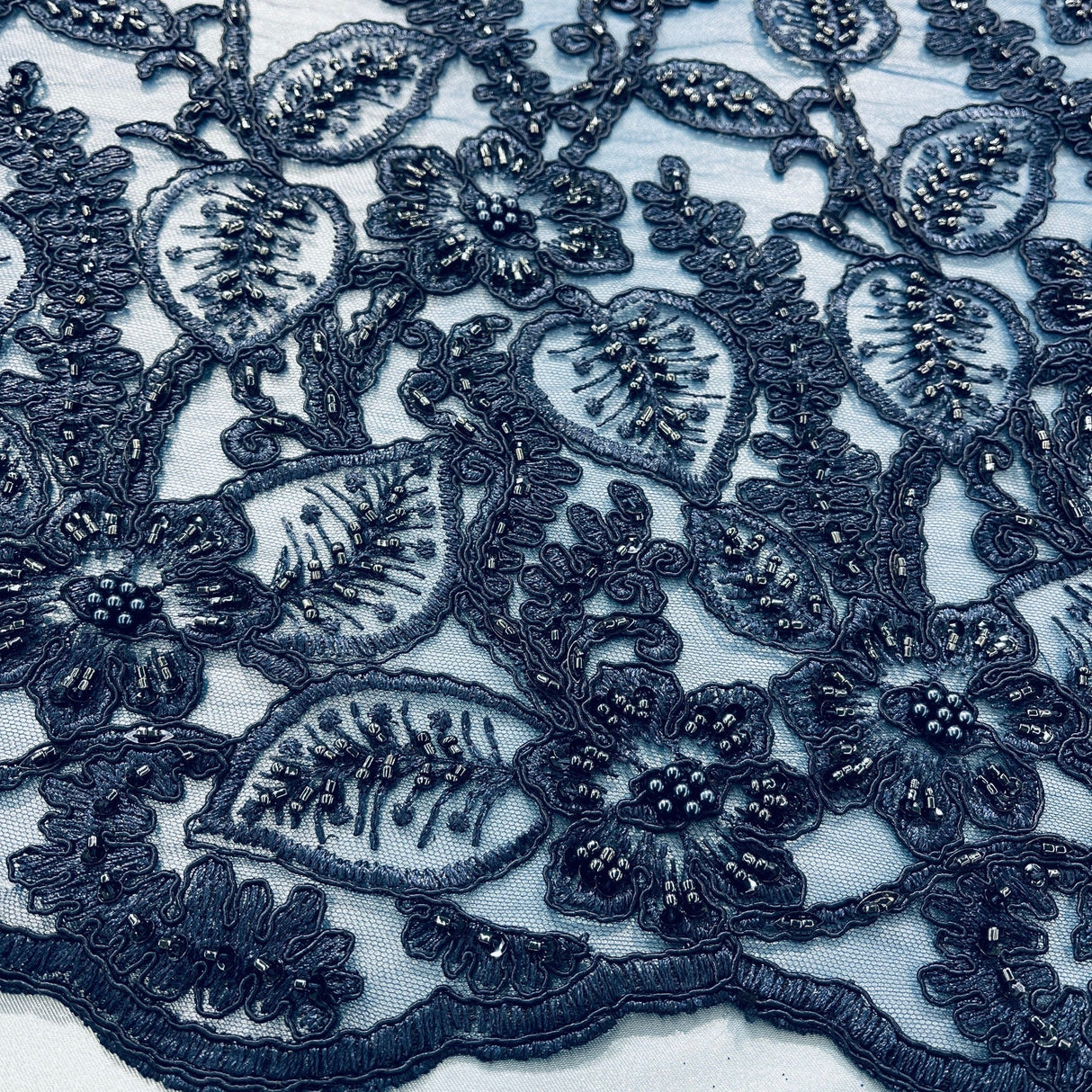 Beaded Corded Lace Fabric on Polyester Net Mesh