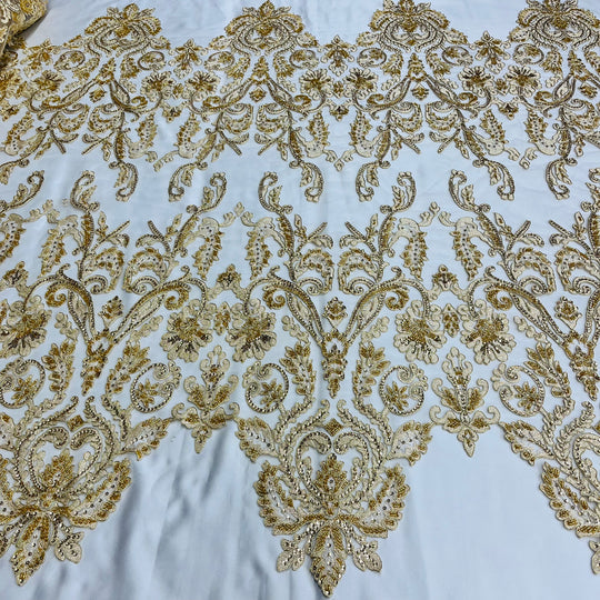 1 Yard Beaded Corded Bridal Lace Fabric Embroidered on 100 Percent Polyester Net Mesh Gold