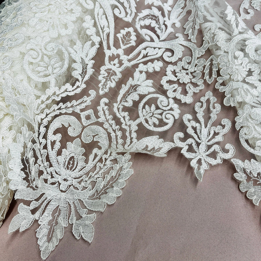 1 Yard Corded Bridal Lace Fabric Embroidered on Polyester Net Mesh
