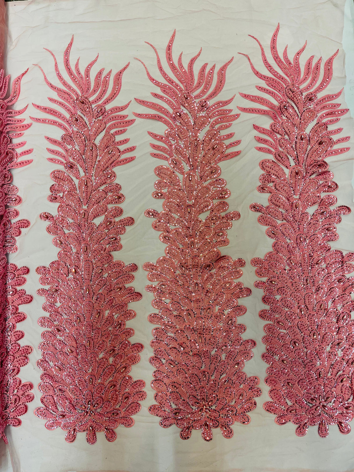 New Vegas Heavy Beaded Feather Design Embroidery Mesh Fabric - Beaded Feather Design, 11" Width, 50" Length (1 Panel)