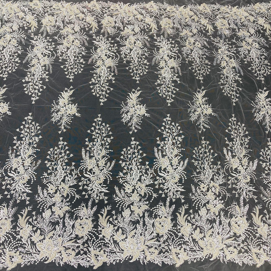 1 Yard Elegant Beaded Lace Fabric White