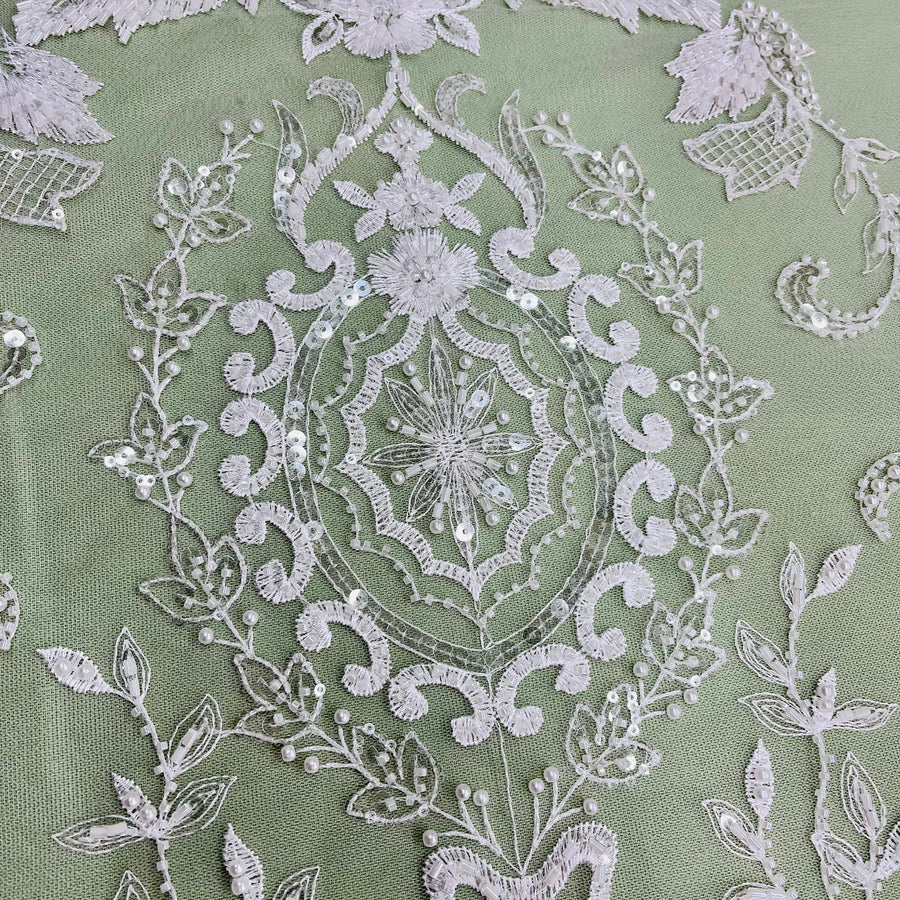 1 Yard Premium Beaded Lace Fabric Embroidered on Polyester Net Mesh White Ivory and Blush