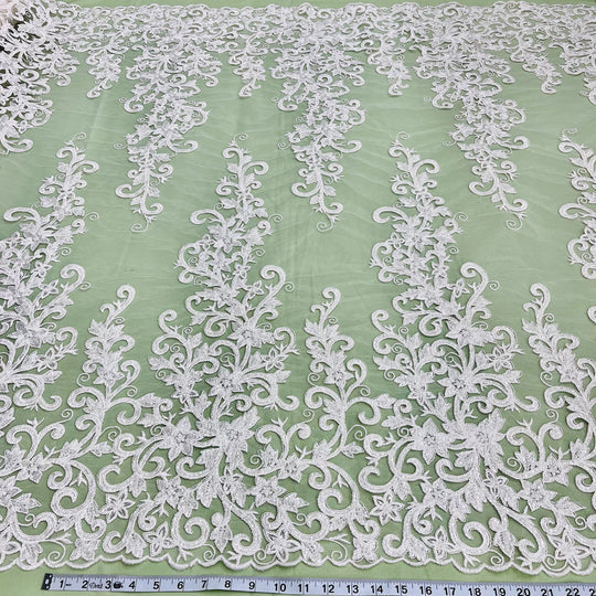 1 Yard Beaded and Corded Bridal Lace Fabric Embroidered on Polyester Net Mesh 51 inch Width