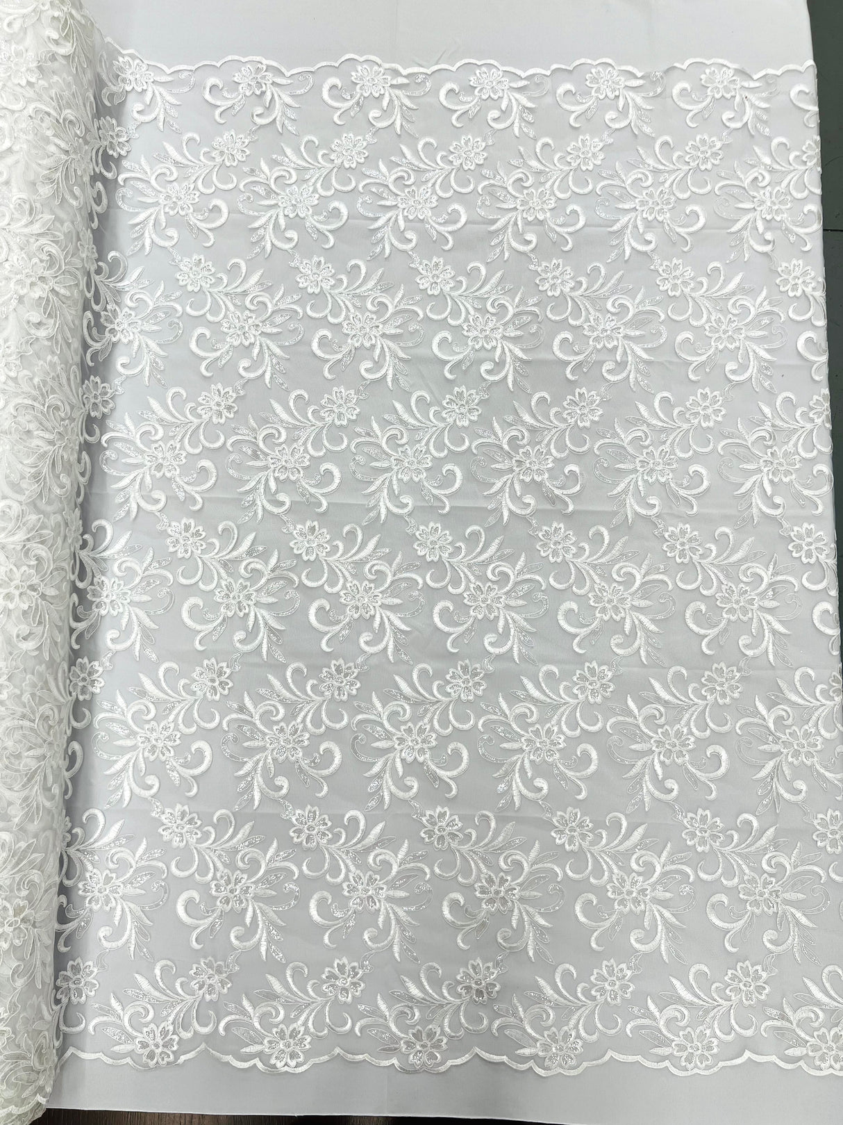 Estrella Corded Flowers Embroider With Sequins Mesh Lace Fabric - Floral Embroidered, Double Scallop, 50-54" Width, 36" Length (1 Yard)
