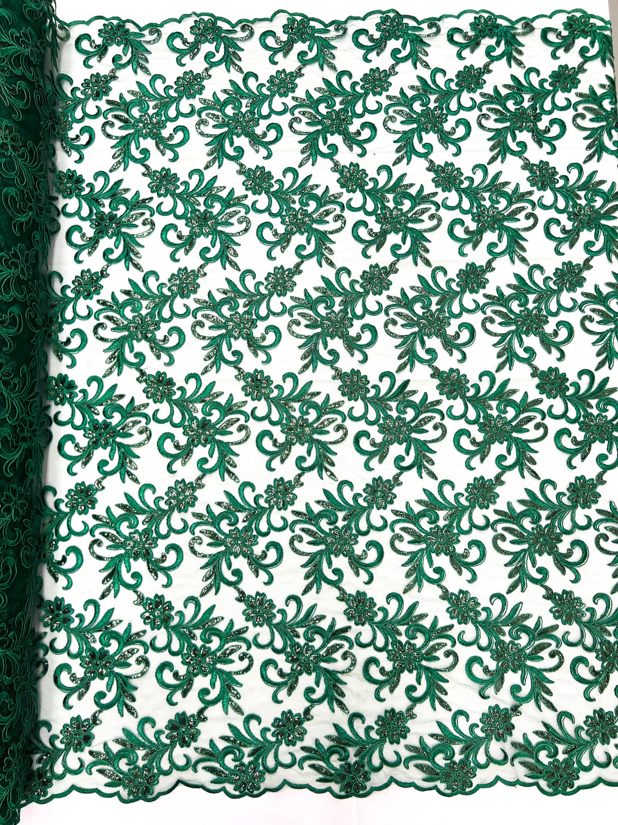 Estrella Corded Flowers Embroider With Sequins Mesh Lace Fabric - Floral Embroidered, Double Scallop, 50-54" Width, 36" Length (1 Yard)