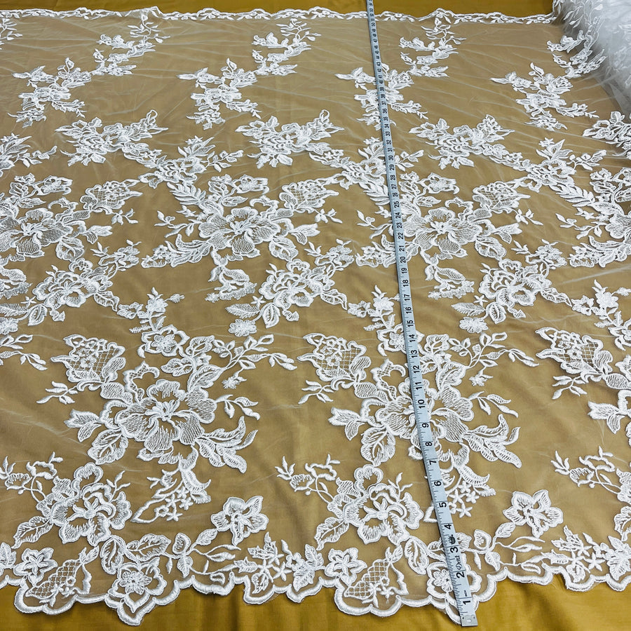1 Yard - Corded Bridal Lace Fabric Embroidered on 100% Polyester Net Mesh - 53"