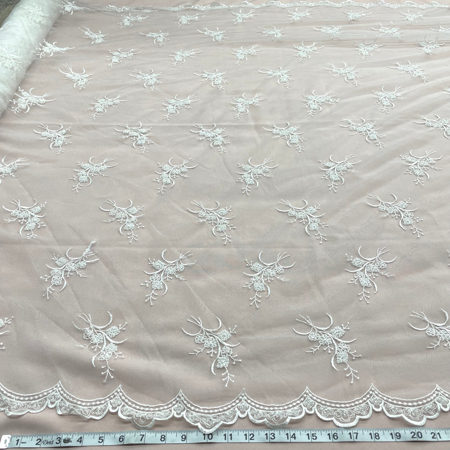 1 Yard - Beaded Lace Fabric Embroidered on 100% Polyester Net Mesh - Ivory - 52" Wide