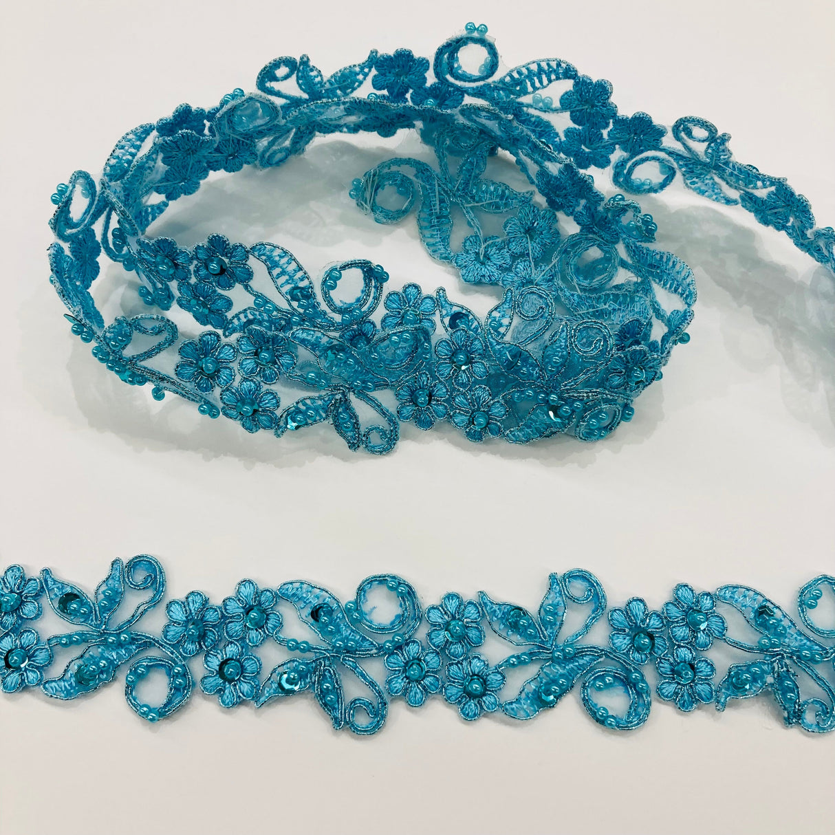 Beaded Corded Lace Trim on Polyester Organza
