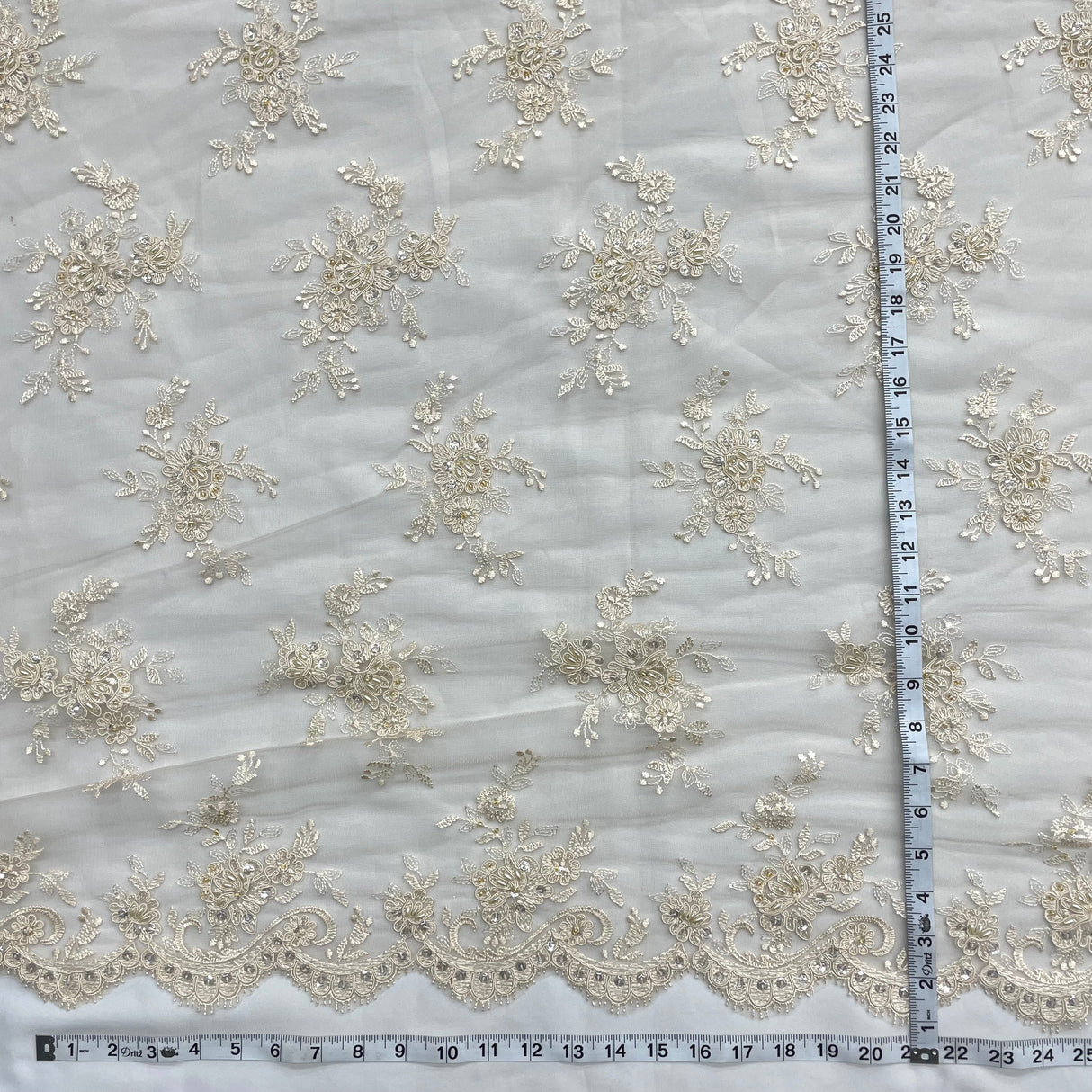 Beaded Corded Bridal Lace Fabric - Embroidered Polyester Net Mesh, Pearl Sequin Detail, 54" Width (1 Yard)