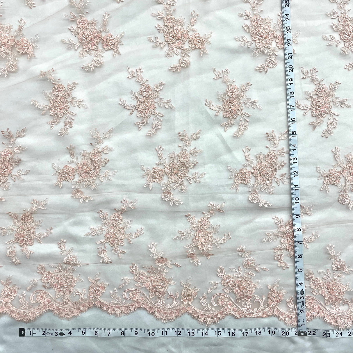 Beaded Corded Bridal Lace Fabric - Embroidered Polyester Net Mesh, Pearl Sequin Detail, 54" Width (1 Yard)