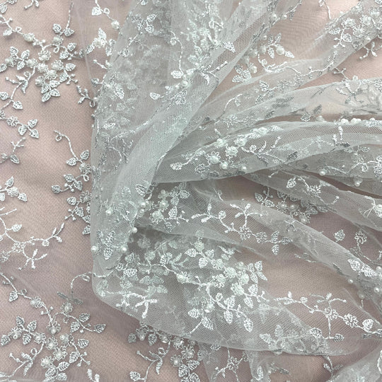 1 Yard Silver Beaded Lace Fabric Embroidered on Polyester Net Mesh for Couture Wedding and Evening Dresses – 53"