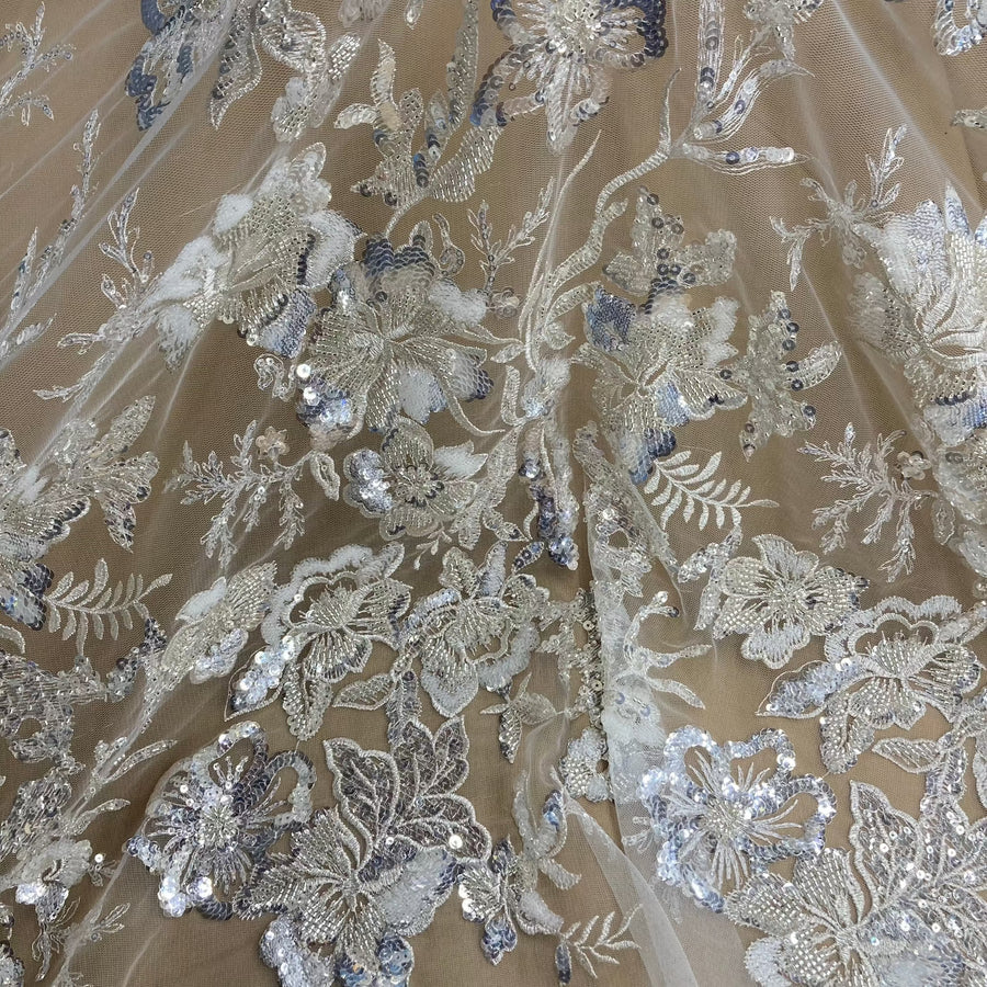 1 Yard Beaded & Sequined Lace Fabric Embroidered on 100% Polyester Net Mesh | Ivory with Gold