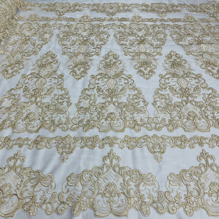 1 Yard Elegant Corded Bridal Lace Fabric Embroidered on 100% Polyester Net Mesh White