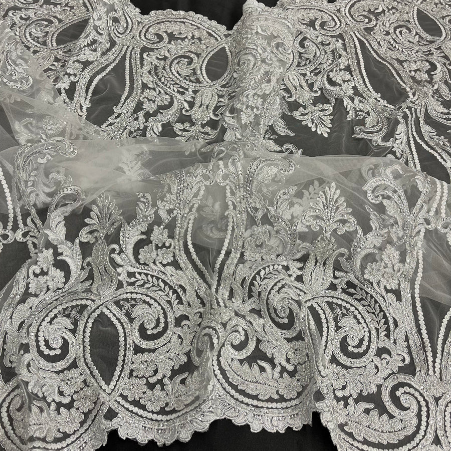 1 Yard Beaded & Corded Bridal Lace Fabric Embroidered on 100% Polyester Net Mesh | Lace USA - 97206W-HB - Ivory