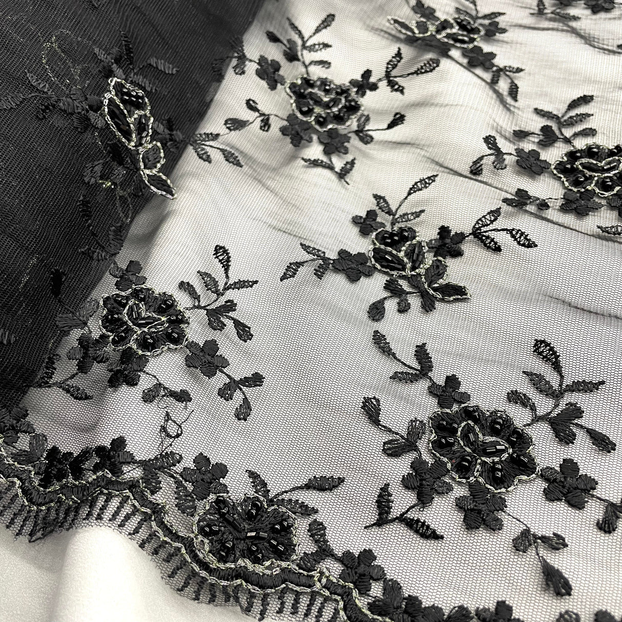 Beaded Lace Black Mesh Fabric