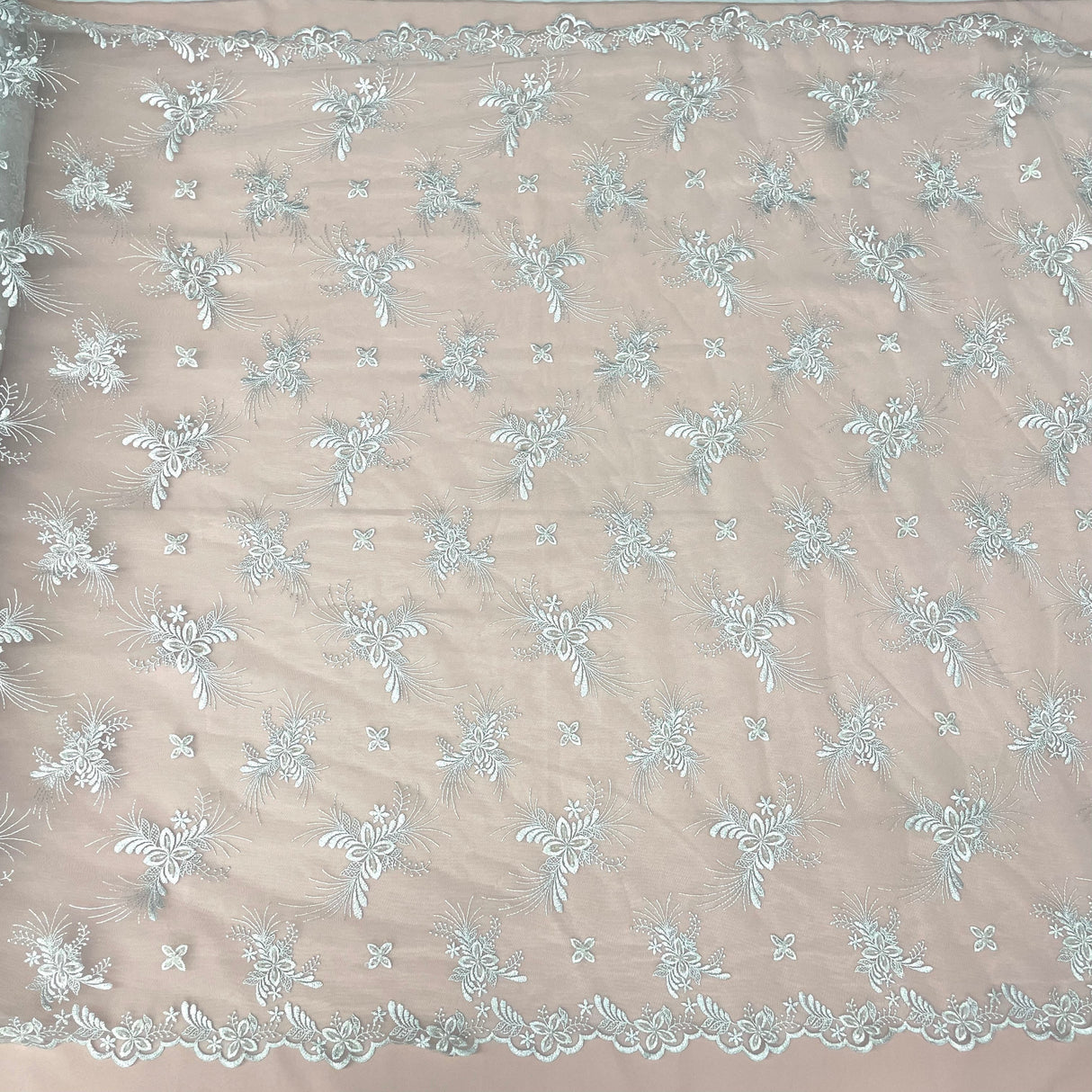 Beaded Lace Fabric Embroidered On 100 Percent Polyester Net Mesh - Lt. Blue, Turquoise, Silver, Floral Beaded Sequin Pattern, 52" Width (1 Yard)