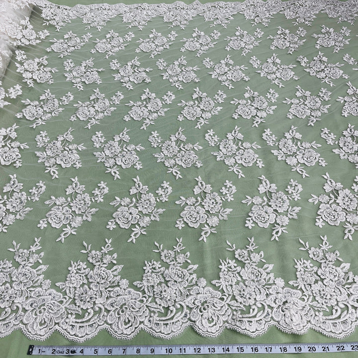 1 Yard Stunning Beaded and Corded Bridal Lace Fabric Embroidered on 100% Polyester Net Mesh White